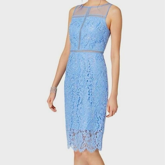 Adrianna Papell Dresses & Skirts - Adrianna Papell Light Blue Lace Sheath Dress | Sheer Mesh Neckline | Size 10